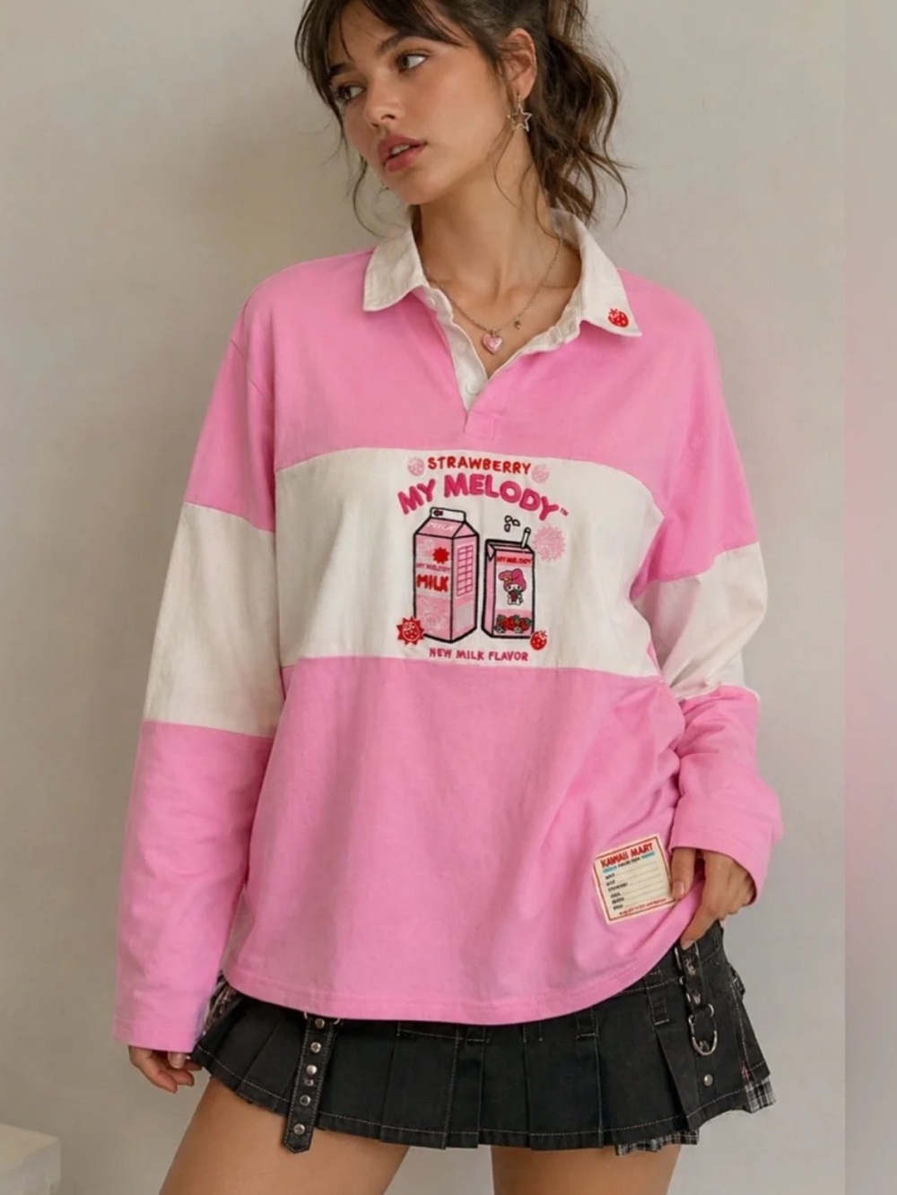 My Melody Strawberry Pink Rugby Shirt - Cute Women’s Long Sleeve Top NWT size S